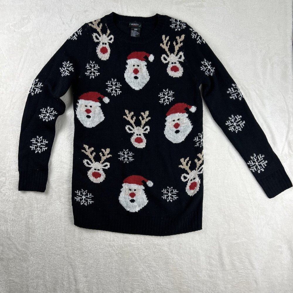 Guilty Knitwear Christmas Sweater Medium Santa Reindeer Snowflakes Black Long